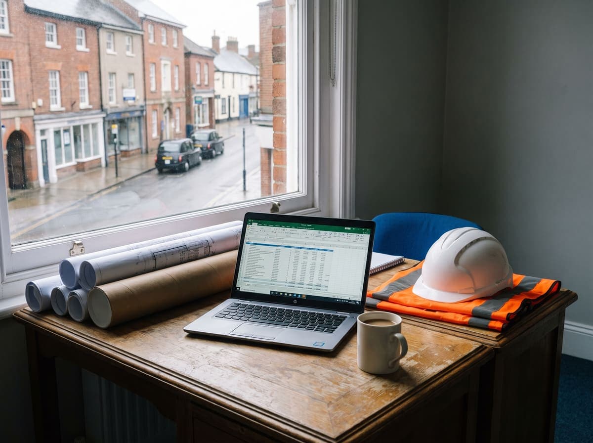 Quantity surveying desk with drawings, laptop and site PPE